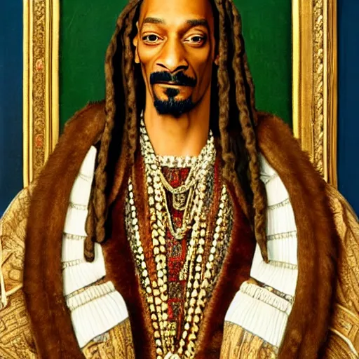 Prompt: a highly detailed portrait of snoop dogg, wearing elegant tudor clothes, inside a room with thick red tapestries, oil painting by hans holbein and alessandro allori and richard burbage