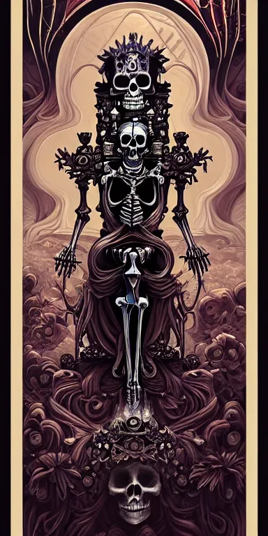 Image similar to a painting of a skeleton sitting on a throne, poster art by Petros Afshar, James Jean, Joe Fenton, Lise Deharme, Anne Stokes, Brian Despain behance contest winner, gothic art, tarot card, apocalypse art, behance hd, macabre poster art, gothic art