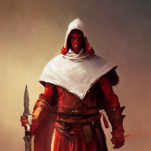 Prompt: a portrait of a red - skinned dragonborn monk in a plain white cloak white cloak, holding a spear with a black tip, fantasy art by greg rutkowski