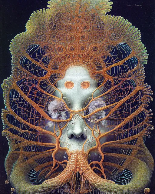 Prompt: realistic detailed underwater face portrait of the beautiful young god of the fish of the fractal waters with an intricate headgear of corals, sea kelp, sea plants, fish, starfish, jellyfish, art by ernst haeckel, hieronymus bosch, gothic, neo - gothic, ornamental, beautiful deep colours,