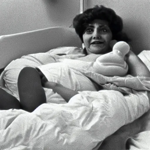 Image similar to woman who has given birth to a squishy inflatable toy, in hospital bed, Fellini film, 1974 archival footage, technicolor film expired film, 16mm, wacky children's tv