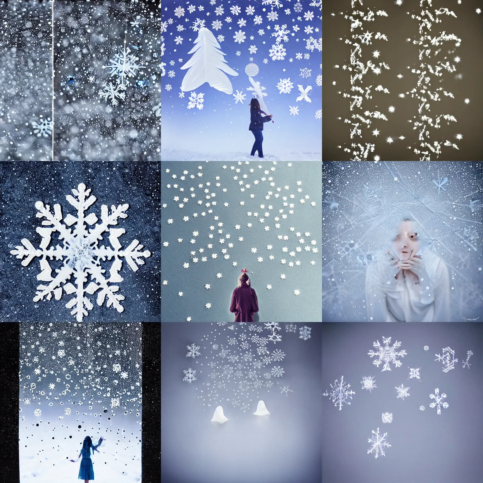 Prompt: surreal photography silk snowflakes with tiny ghost faces