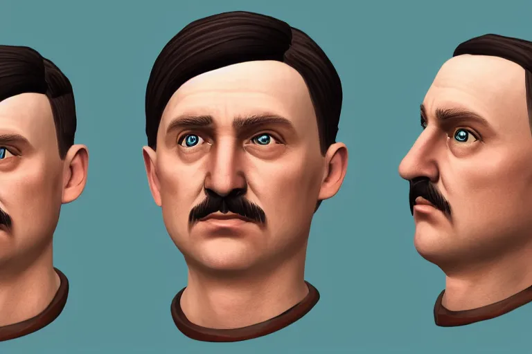 Prompt: a photo of hitler as a sims character, photorealistic, 8 k, close up