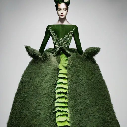 Prompt: Editorial studio photograph of a green Valentino Haute Couture outfit, photographed by Tim Walker