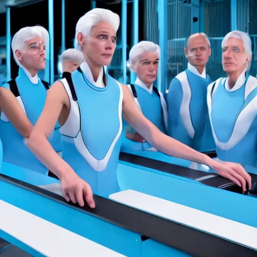 Image similar to group of identical athletic humans with light blue neoprene suits and white hair standing in a line on a conveyor belt, background of advanced futuristic laboratory, sci - fi, highly detailed, hyperrealistic