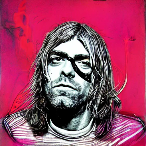 Prompt: graphic illustration, creative design, kurt cobain, biopunk, francis bacon, highly detailed, hunter s thompson, concept art, mixed media