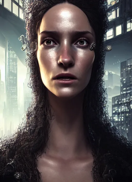 Prompt: 3 / 4 portrait, emma bot queen, slave, fashion clothing, brunette, long hair, salacious, id magazine, hyperrealism, detailed textures, photorealistic, 3 d cyberpunk apocalyptic city, ultra realistic, cinematic, intricate, cinematic light, unreal engine 8 k, octane render, unreal engine, david kostic, artgerm