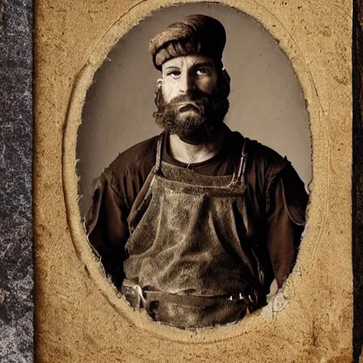 Image similar to Rustic farmer, Italian farmer, medieval farmer, tintype photograph, 1200 AD, medieval photograph