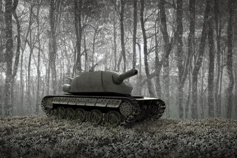 Image similar to 3d render of M4A3 Sherman hidden in bush camo netting dark gritty photo ((((grunge)))) barrel peaking out of the bush ((((((green grey color palette) cinematic ((((((Fury 2014 film)))))) detailed european forest Belgium summer overcast cloudy day