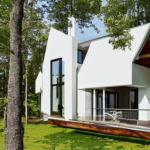 Image similar to white modern farmhouse villa with farmhouse treehouse in the center