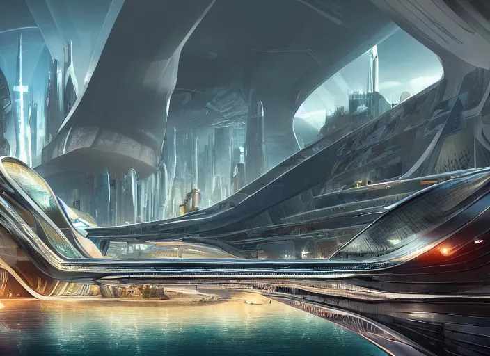 Image similar to a futuristic city surrounded by water and mountains with bridges over water, a detailed matte painting by Jon McCoy and Zaha Hadid, trending on cgsociety,, concept art, artstation