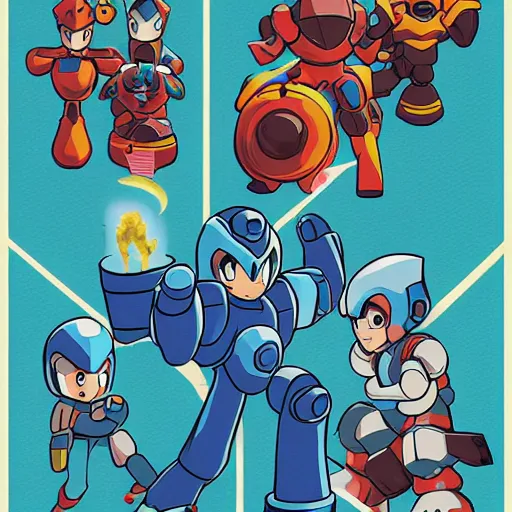 Image similar to Megaman in a dire situation against the original bosses of the first game by sachin teng