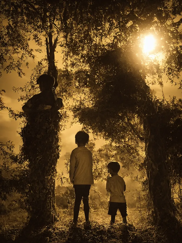 Prompt: backlit portrait of 2 kids at night, by cristobal toral, manuel lopez villasenor, high definition, intricate details, atmospheric, vegetation, small town