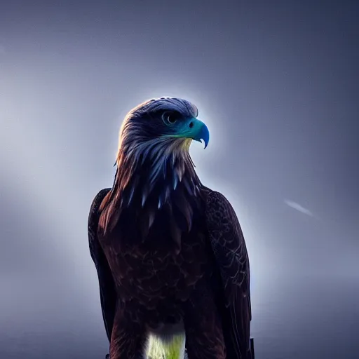 Prompt: A extremely realistic photo of an eagle with night vision goggles, standing bird, sharp claws, cloudy, midnight, smoke, ultra high detail digital art, trending on Artstation, unreal engine