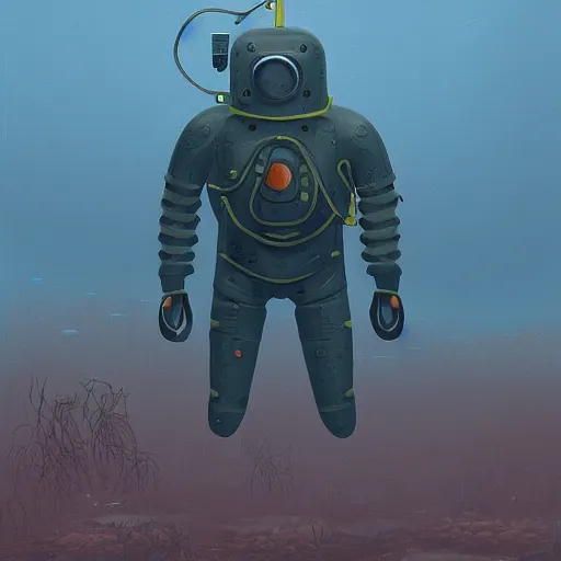 Prompt: Armored diving suit underwater, by Simon Stalenhag