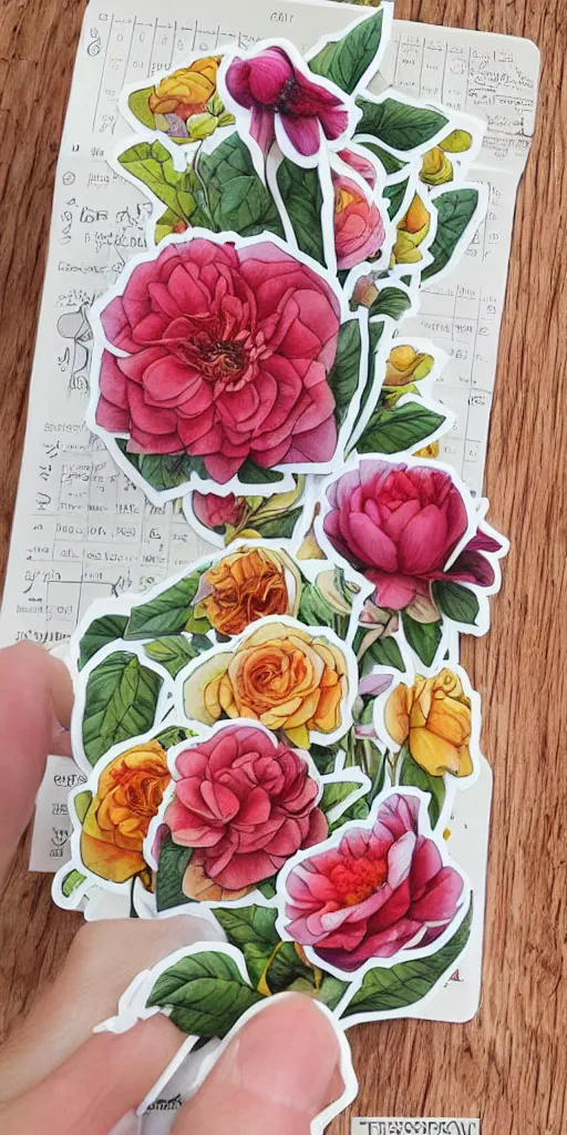 Prompt: beautiful flower, by tran nguyen, warm colors, cozy, etsy stickers, white border, sticker sheet, planner stickers