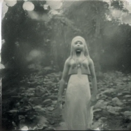 Image similar to an ancient evil-girl devouring the souls of the human kind on a mysterious Colombian jungle, mist, abandoned house, 1910 polaroid photography, grainy film, Black and white