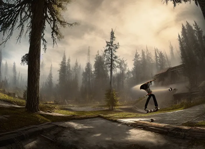 Image similar to a detailed beautiful matte painting of a skateboarder, kick flip, fantasy Riverwood village from The Elder Scrolls V: Skyrim, log homes, dirt road, trees by Mikko Lagerstedt and Raphael Lacoste, fisheye lens