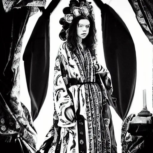 Prompt: black and white pen and ink!!!!!!! Suprani!!!!! sorcerer beautiful attractive long hair Anya Taylor-Joy wearing High Royal flower print robes flaming!!!! final form flowing ritual royal!!! Contemplative stance Vagabond!!!!!!!! floating magic witch!!!! glides through a beautiful!!!!!!! Camellia!!!! Tsubaki!!! death-flower!!!! battlefield behind!!!! dramatic esoteric!!!!!! Long hair flowing dancing illustrated in high detail!!!!!!!! by Hiroya Oku!!!!!!!!! graphic novel published on 2049 award winning!!!! full body portrait!!!!! action exposition manga panel black and white Shonen Jump issue by David Lynch eraserhead and beautiful line art Hirohiko Araki!! Frank Miller, Kentaro Miura!, Jojo's Bizzare Adventure!!!! 3 sequential art golden ratio technical perspective panels horizontal per page