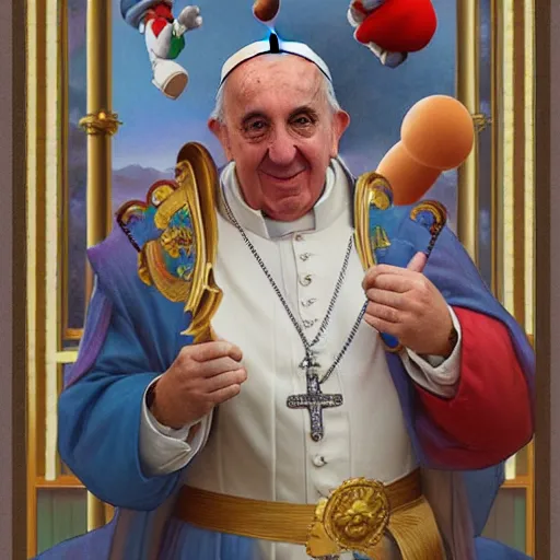 Prompt: pope francis as super mario, digital painting, trending on artstation, by artgerm and greg rutkowski and alphonse mucha