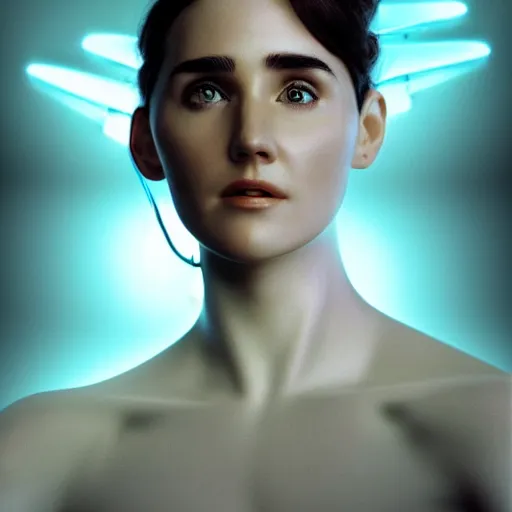 Prompt: beautiful centered Fine art photo portrait of enraptured young Jennifer Connelly as a solarpunk robotic humanoid, white mechanical parts with led lights, photorealistic, white background, highly detailed and intricate, sunset lighting, HDR 8k