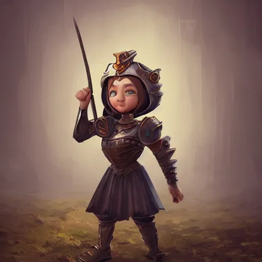 Prompt: super cute little woman in armor 3D character by Tiger HKN and Gediminas Pranckevicius, Game Art, Character Modeling, cartoon, cinematic, raytrace, concept art, Trend on Behance 3d Art, V-Ray, Maya, C4D