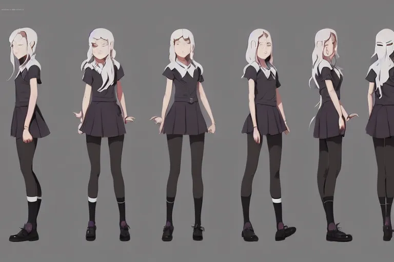 Image similar to character sheet of attractive female student witch, magic school uniform, luminous hair color, by greg rutkowski and studio ghibli, digital art, trending on artstation, highly detailed, concept art, beautiful, masterpiece