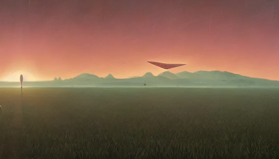 Prompt: giant solar sail blocking the sun, early morning, open field, simon stalenhag, art deco painting