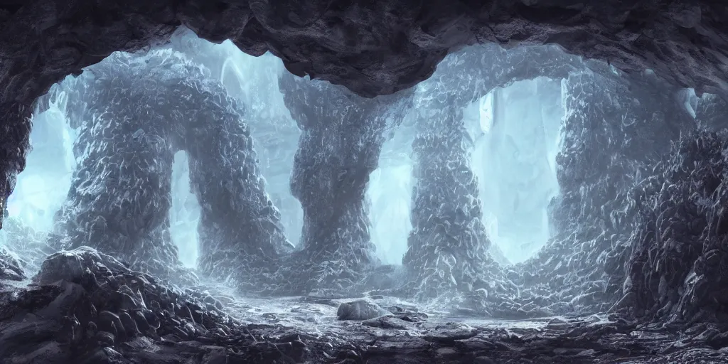 Prompt: a highly detailed matte painting of a stargate temple portal in a dark cavern, stalactites and stalagmites, giant geode crystals, ominous, foreboding, evil, hd, concept art, artstation, deviantart