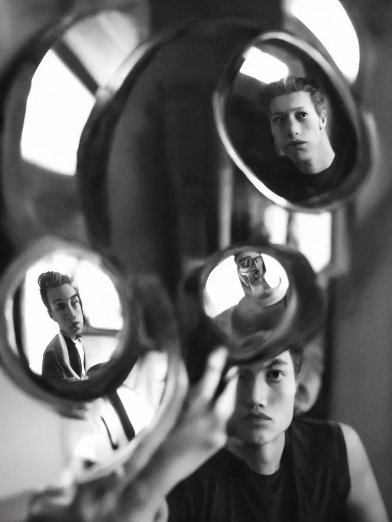 Image similar to androgynous male, staring into infinite mirror, photographic noir, wide lens