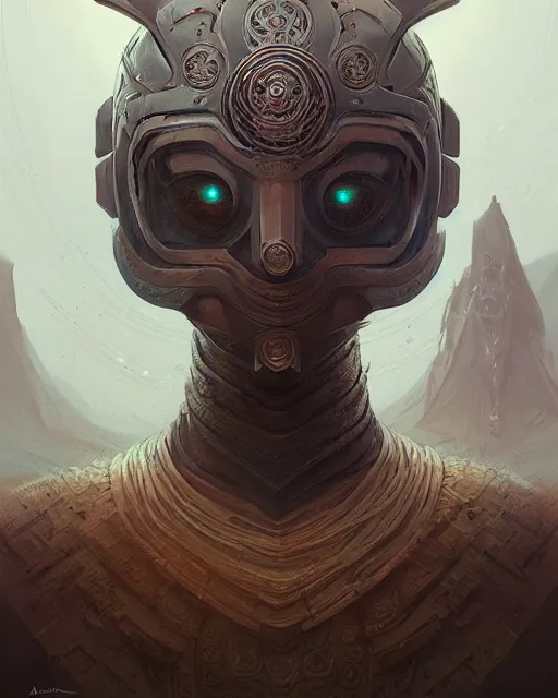 Image similar to professional ominous concept art portrait of a character with a mandala helmet by artgerm and greg rutkowski. an intricate, elegant, highly detailed digital painting, concept art, smooth, sharp focus, illustration, in the style of simon stalenhag, wayne barlowe, and igor kieryluk.