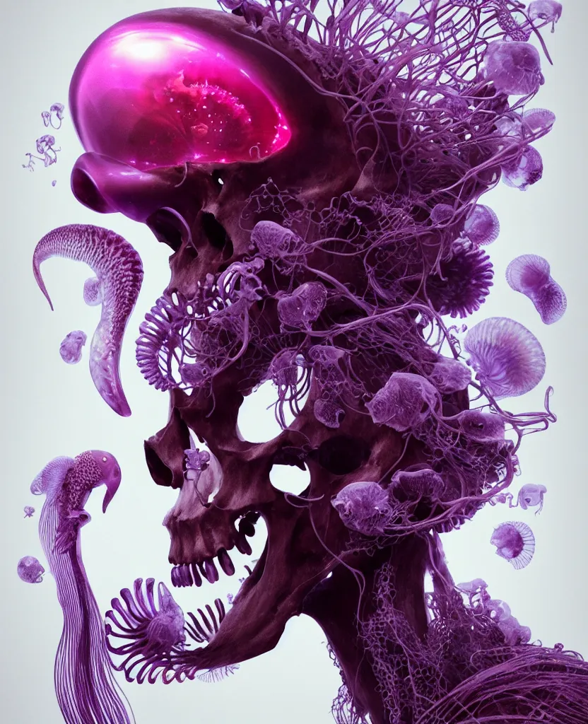 Image similar to goddess close-up portrait animal skull. jellyfish phoenix head, nautilus, orchid, skull, betta fish, bioluminiscent creatures, intricate artwork by Tooth Wu and wlop and beeple. octane render, trending on artstation, greg rutkowski very coherent symmetrical artwork. cinematic, hyper realism, high detail, octane render, 8k