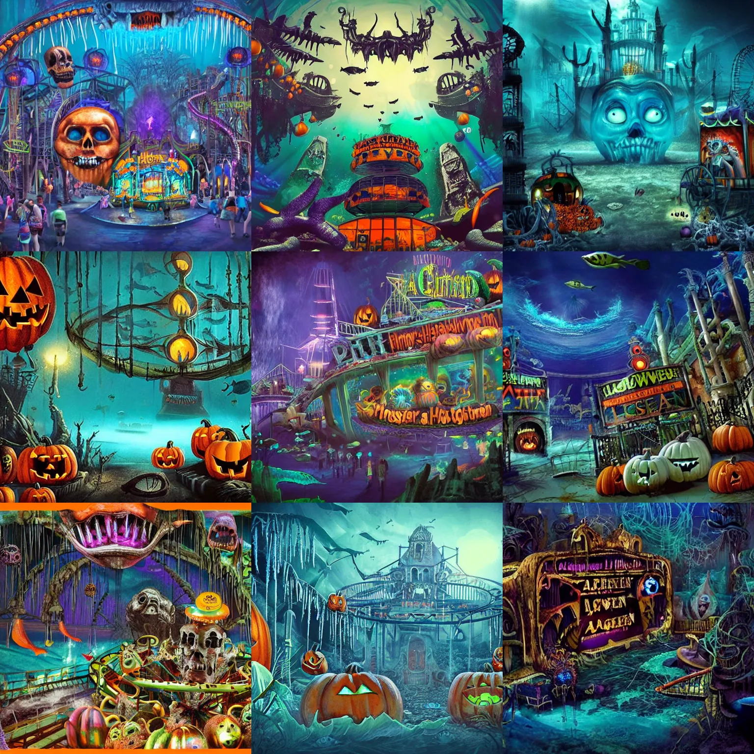 Prompt: a horror based amusement park during halloween that takes place deep underwater and is built on the idea of the lost city of atlantis, first person perspective looking up, halloween decorations, underwater city, amusement park, spooky, fish in the background, rides, amusement park buildings, deep sea themed, horror themed, fun, concept art