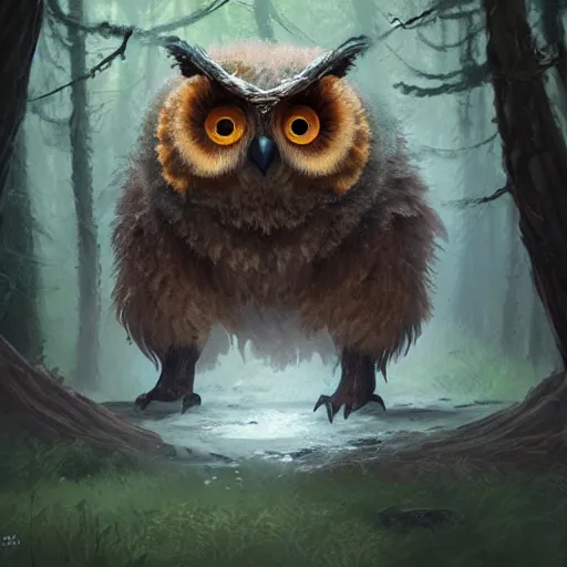 Prompt: three quarter portrait of an owlbear in the forest, d & d, fantasy, greg rutkowski