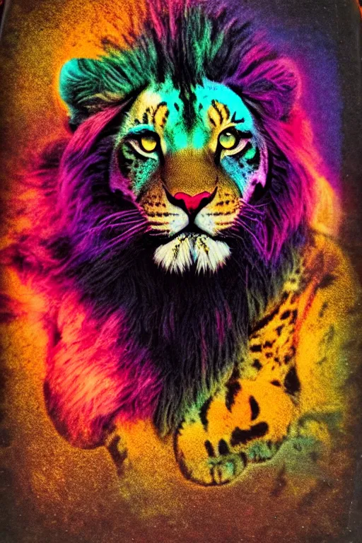 Image similar to damaged lisa frank daguerreotype, muted colours, detailed psychedelic gothic feline portrait of lion headed demonic chaos god in the service of Slaanesh , tiger stripes, leopard spots