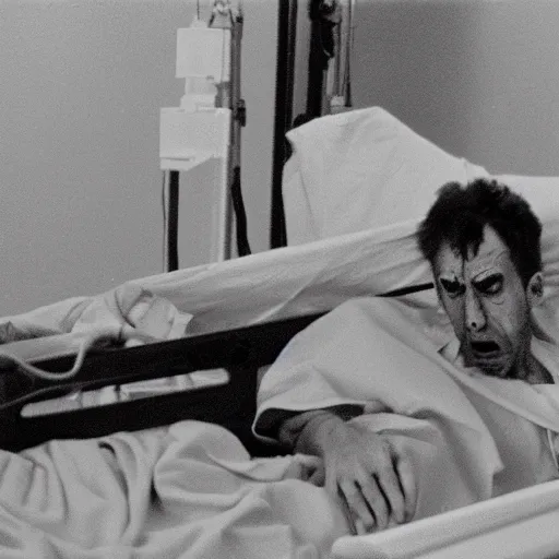 Prompt: hd professional medical photograph of a man lying in a hospital gurney, possessed by a dybbuk. he is screaming and flailing and twisting and spasming