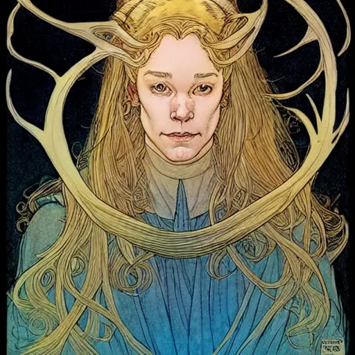 Image similar to a beautiful portrait of sanna!!!!! marin!!!!!, the young female prime minister of finland as a druidic wizard by rebecca guay, michael kaluta, charles vess and jean moebius giraud