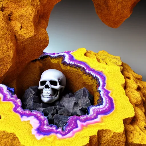 Prompt: ( a skeleton in a colorful geode ), ( ultra realistic, ultra 4 k, provided by unreal engine, artstation, archeological discover, realisms, photography )