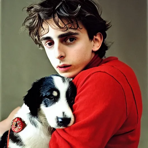 Prompt: timothy chalamet and a puppy, leica s, 5 0 mm lens, kodachrome, 1 9 6 9, shot by platon - h 8 0 4