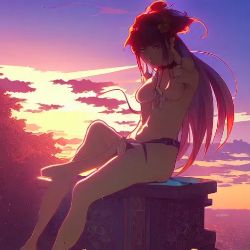 Image similar to digital anime art in the style of arcane, beautiful gorgeous female shinobi sitting on an old oriental roof at sunset, wlop, alphonse mucha, greg rutkowski, ilya kuvshinov, backlit