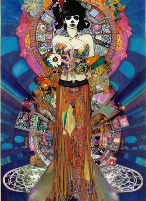 Image similar to cute punk goth fashion hippy fractal Día de los Muertos alien girl wearing kimono made of circuits and leds by Mario Testinoa, poster art by Hannah Höch Victor Moscoso Rick Griffin Alphonse Mucha Gustav Klimt Ayami Kojima Amano Charlie Bowater