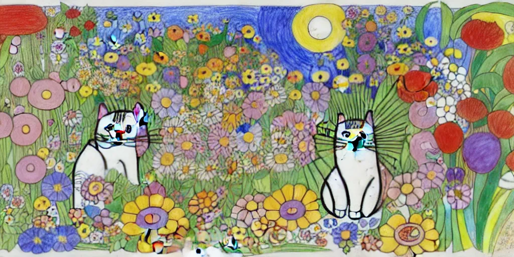 Image similar to cat playing in a garden of flowers, a mix media painting by laurel burch and Leonardo da Vinci and Natalia Goncharova, cluttered , child's drawing, art by Studio Ghibli, anime, thick black lineart