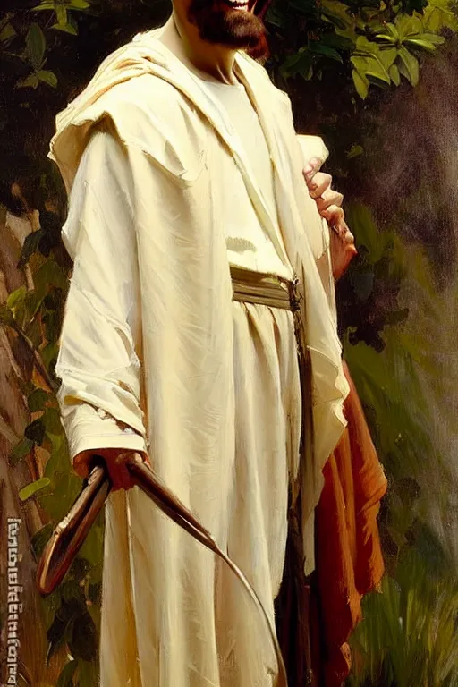 Image similar to leyendecker!!!!!!!!! solomon joseph solomon and richard schmid and jeremy lipking victorian loose genre loose painting full length portrait painting of jesus with a slight smile happy inviting