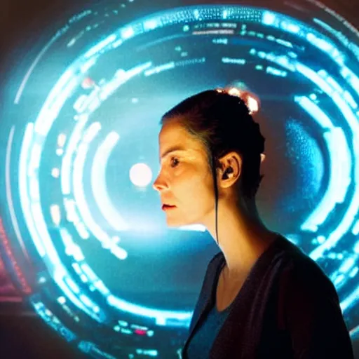 Prompt: woman interacting with small holographic display floating in front of her face, from the expanse ( 2 0 1 5 )