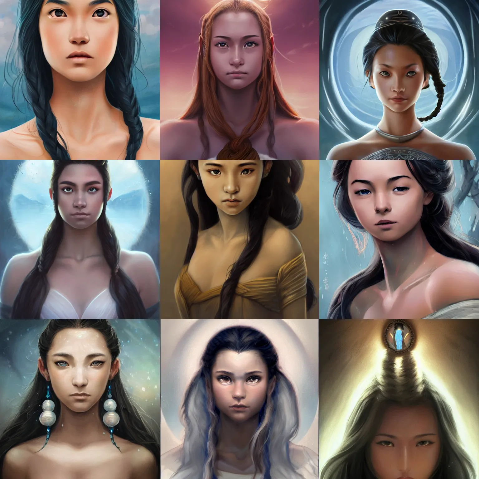 Prompt: centered detailed portrait of a katara of the southern water tribe, unrealistic character concept, beautiful comic katara, identical eyes, gazing eyes, beautiful eyes medium shot, elegant pose, fantasy, illustration, slender symmetrical face and body, artstation, cinematic lighting, hyperdetailed, cgsociety, 8k, high resolution, Charlie Bowater, Tom Bagshaw, single face, insanely detailed and intricate, octane render, golden ratio, dark fractal background, vfx, postprocessing, freckles, alluring, featured on behance, Trending on artstation, well-rendered. last airbender, water tribe safe