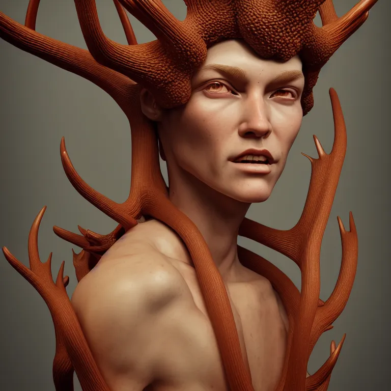 Image similar to portrait ms with ribbed body, covered with twisted ribbed crooked antlers, baroque portrait by rutkowsky and charles vess and james jean and erik jones and rhads, 3 d octane render, beautiful fine face features, intricate high details, sharp, ultradetailed, artistic photography