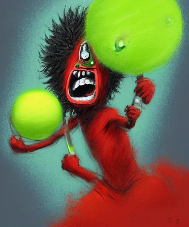 Image similar to a portrait of a tennis ball monster holding a tennis racket on a tennis court, chalk, fantasy, elegant, digital painting, artstation, concept art, matte, sharp focus, illustration, art by basil gogos