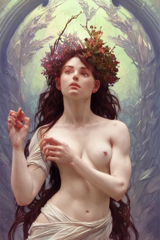 Image similar to goddess of nature, accurate anatomy, only two hands, highly detailed, digital painting, artstation, concept art, smooth, sharp focus, illustration, Unreal Engine 5, 8K, art by artgerm and greg rutkowski and edgar maxence and alphonse Mucha