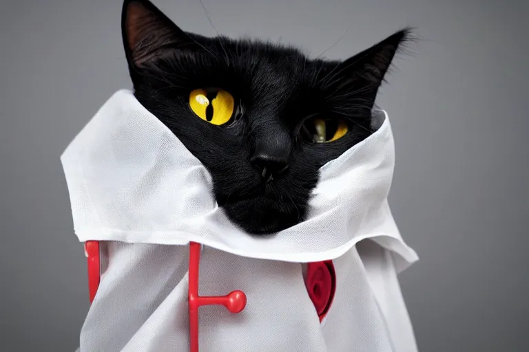 Prompt: photo of the black cat wearing a doctor's smock