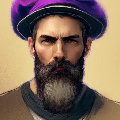 Prompt: bearded bald man with a purple cap, detailed, digital art, artstation, smooth, sharp focus, art by artgerm, greg rutkowski, alphonse mucha